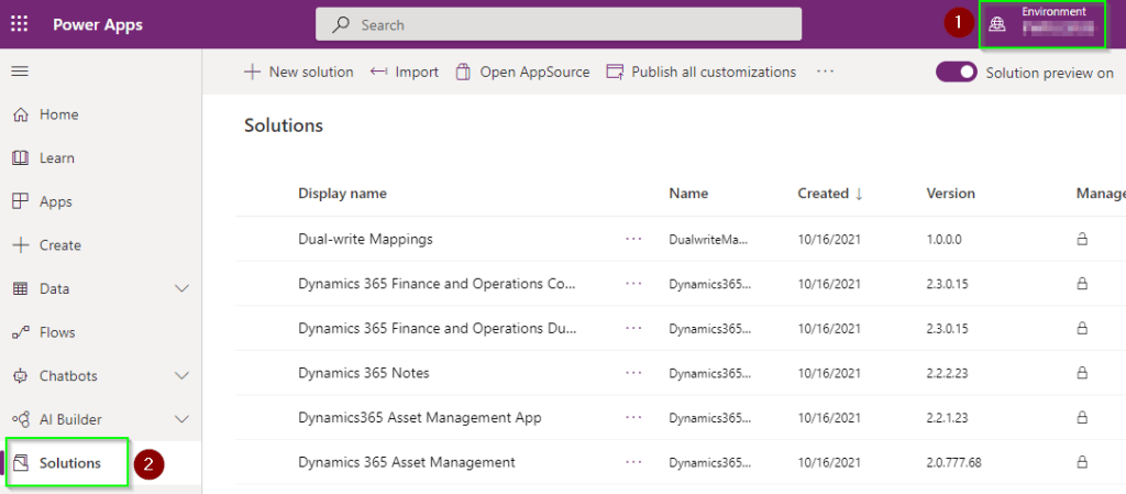 Select environment and the solution